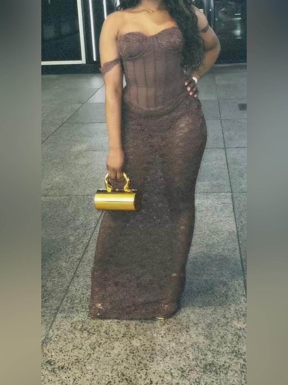 Strapless Lace Corset Maxi Dress in Chocolate Brown